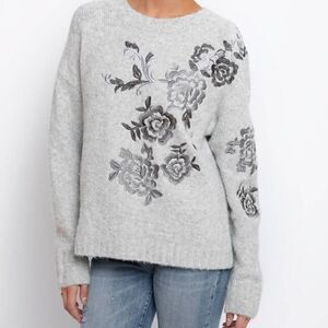 BLANK NYC Gray Wool Floral Embroidered Sweater